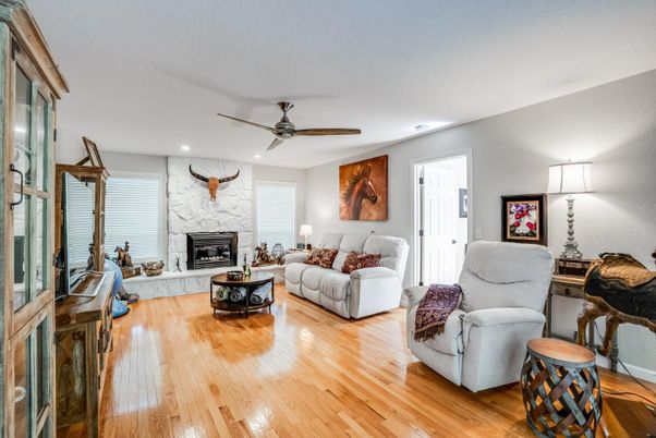 Fireplace, Interior, Living room, Recessed Lighting, Wood Texture Flooring