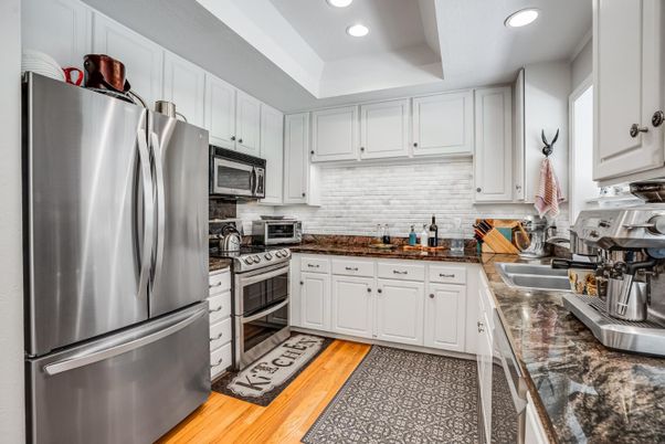 Interior, Kitchen, Recessed Lighting, Stainless Steel Appliances, Wood Texture Flooring