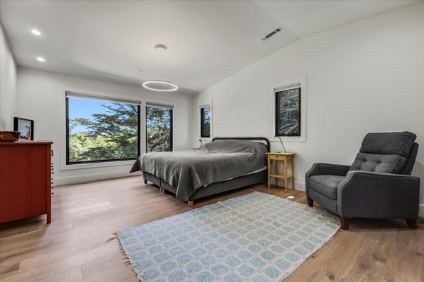 Bedroom, Interior, Pendant Lights, Recessed Lighting, Wood Texture Flooring
