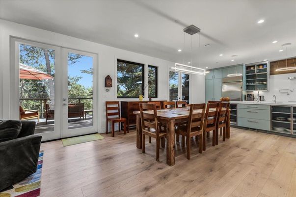Dining room, Interior, Kitchen, Pendant Lights, Recessed Lighting, Stainless Steel Appliances, Wood Texture Flooring