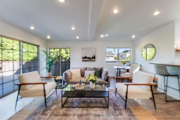 Dining room, Interior, Living room, Recessed Lighting, Wood Texture Flooring
