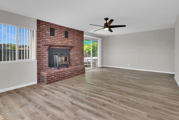 Empty room, Fireplace, Interior, Stone Walls, Wood Texture Flooring