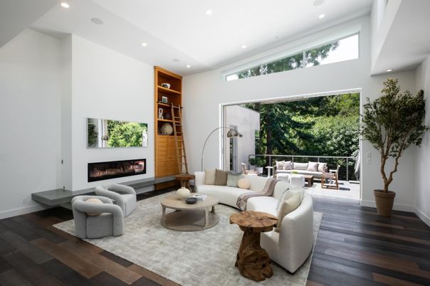Fireplace, Interior, Living room, Recessed Lighting, Wood Texture Flooring