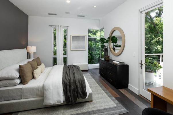Bedroom, Interior, Recessed Lighting, Wood Texture Flooring
