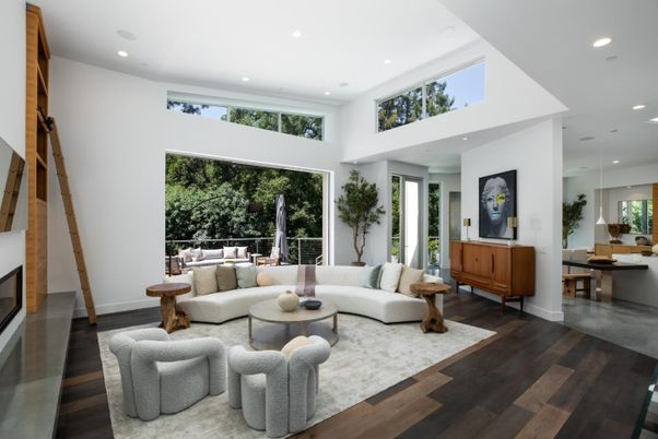 Dining room, Interior, Living room, Recessed Lighting, Wood Texture Flooring