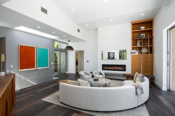 Fireplace, Interior, Living room, Recessed Lighting, Wood Texture Flooring