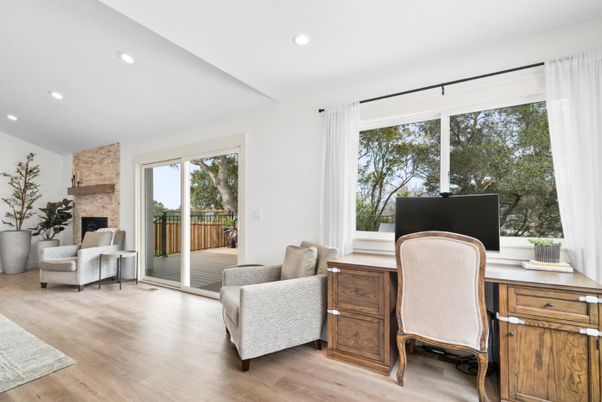 Fireplace, Home Office, Interior, Recessed Lighting, Stone Walls, Wood Texture Flooring
