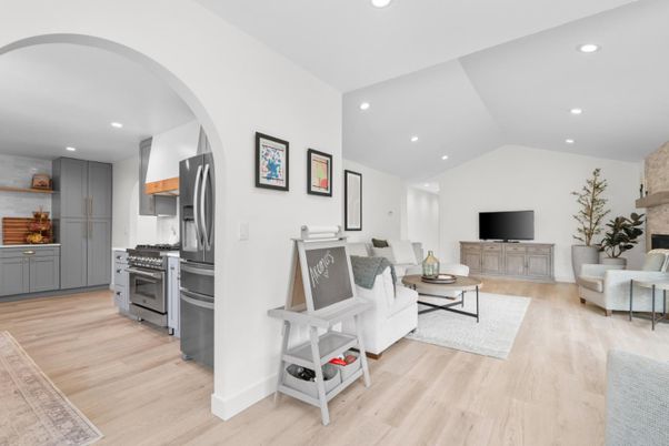 Fireplace, Interior, Kitchen, Living room, Recessed Lighting, Stainless Steel Appliances, Wood Texture Flooring