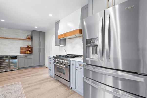 Interior, Kitchen, Recessed Lighting, Stainless Steel Appliances, Wood Texture Flooring
