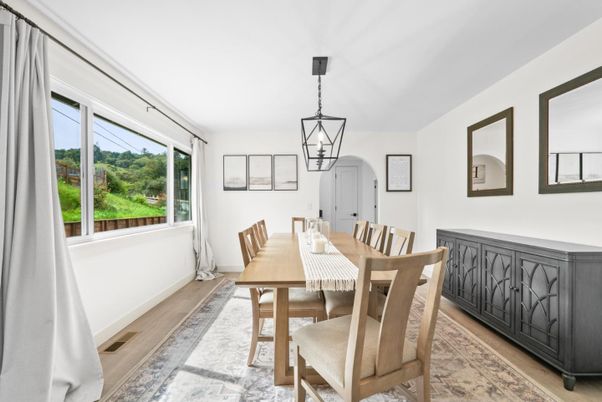 Dining room, Interior, Pendant Lights, Wood Texture Flooring