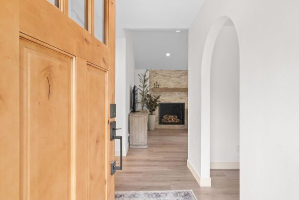 Fireplace, Interior, Recessed Lighting, Stone Walls, Wood Texture Flooring