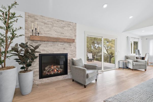 Fireplace, Interior, Recessed Lighting, Stone Walls, Wood Texture Flooring