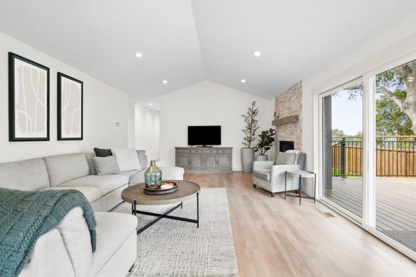 Fireplace, Interior, Living room, Recessed Lighting, Stone Walls, Wood Texture Flooring