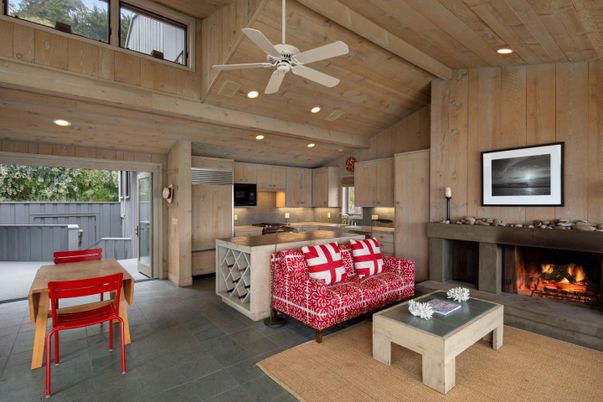 Fireplace, Interior, Kitchen, Living room, Recessed Lighting, Stainless Steel Appliances, Wooden Ceilings, Wooden Walls