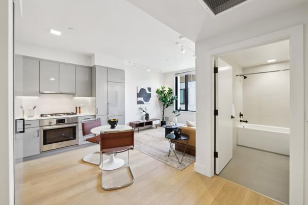 Interior, Kitchen, Living room, Recessed Lighting, Stainless Steel Appliances, Wood Texture Flooring
