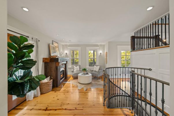 Fireplace, Interior, Living room, Recessed Lighting, Wood Texture Flooring