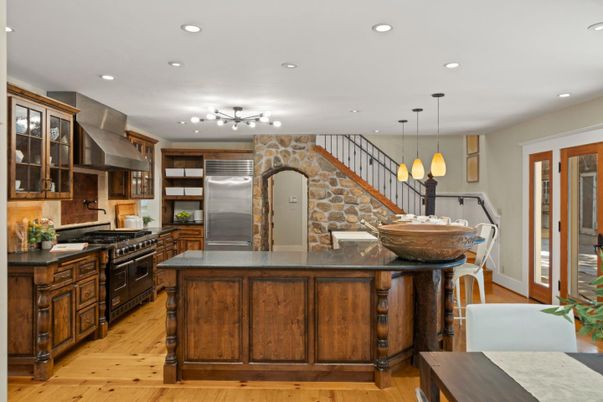 Interior, Kitchen, Pendant Lights, Recessed Lighting, Stainless Steel Appliances, Stone Walls, Wood Texture Flooring