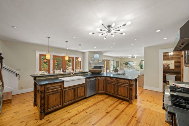 Fireplace, Interior, Kitchen, Pendant Lights, Recessed Lighting, Stainless Steel Appliances, Wood Texture Flooring