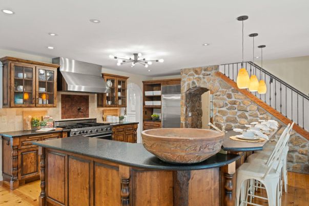 Interior, Kitchen, Pendant Lights, Recessed Lighting, Stainless Steel Appliances, Stone Walls, Wood Texture Flooring
