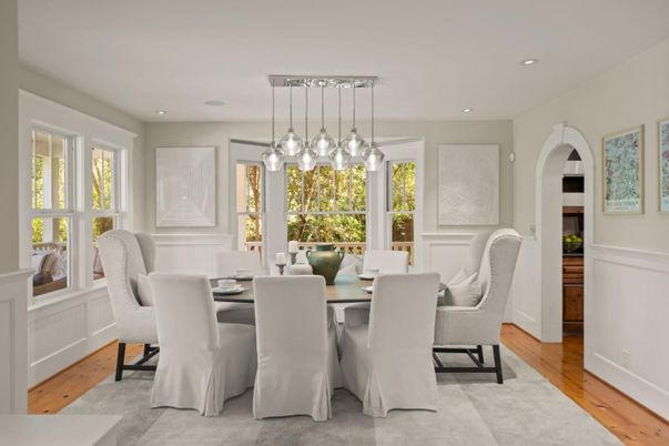 Dining room, Interior, Pendant Lights, Recessed Lighting, Wood Texture Flooring