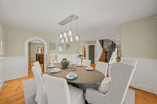Dining room, Interior, Pendant Lights, Recessed Lighting, Wood Texture Flooring