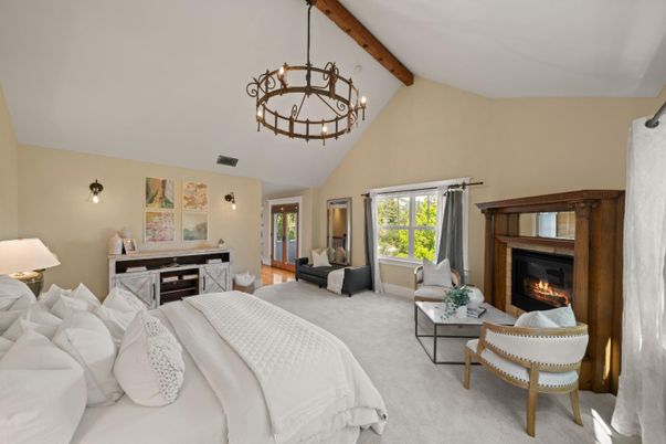 Bedroom, Chandelier, Fireplace, Interior, Living room, Pendant Lights, Wooden Beams