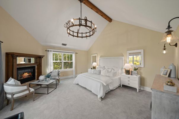Bedroom, Chandelier, Fireplace, Interior, Pendant Lights, Wooden Beams