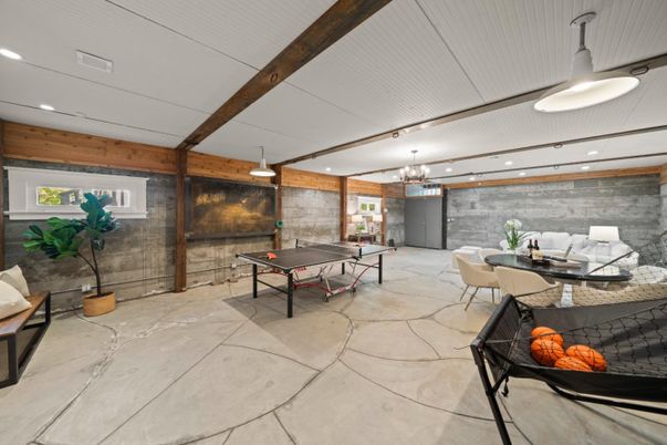 Dining room, Game Room, Interior, Pendant Lights, Recessed Lighting, Stone Walls