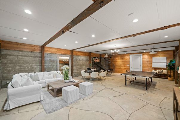 Billiard Table, Chandelier, Dining room, Game Room, Interior, Living room, Pendant Lights, Recessed Lighting, Wooden Beams, Wooden Walls
