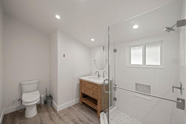 Bathroom, Glass Shower, Interior, Recessed Lighting, Wood Texture Flooring