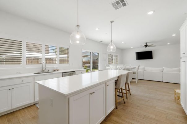 Dining room, Interior, Kitchen, Living room, Pendant Lights, Recessed Lighting, Wood Texture Flooring
