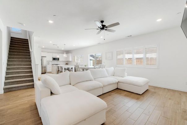 Dining room, Interior, Kitchen, Living room, Pendant Lights, Recessed Lighting, Stainless Steel Appliances, Wood Texture Flooring