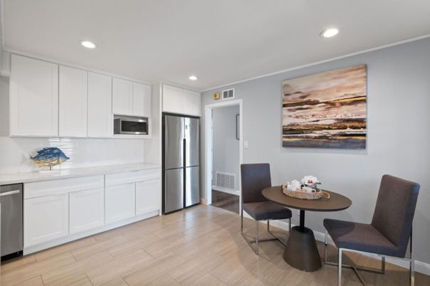 Dining room, Interior, Kitchen, Recessed Lighting, Stainless Steel Appliances, Wood Texture Flooring