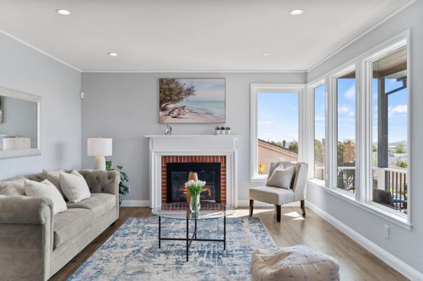 Fireplace, Interior, Living room, Recessed Lighting, Wood Texture Flooring