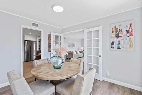 Dining room, Interior, Living room, Recessed Lighting, Wood Texture Flooring