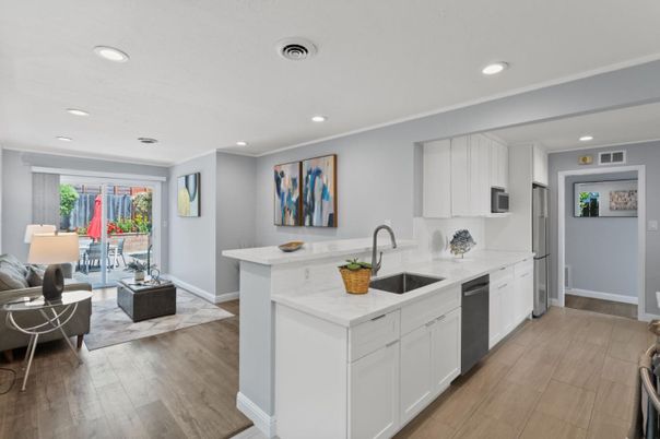 Interior, Kitchen, Recessed Lighting, Stainless Steel Appliances, Wood Texture Flooring