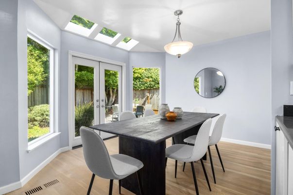 Dining room, Interior, Pendant Lights, Wood Texture Flooring