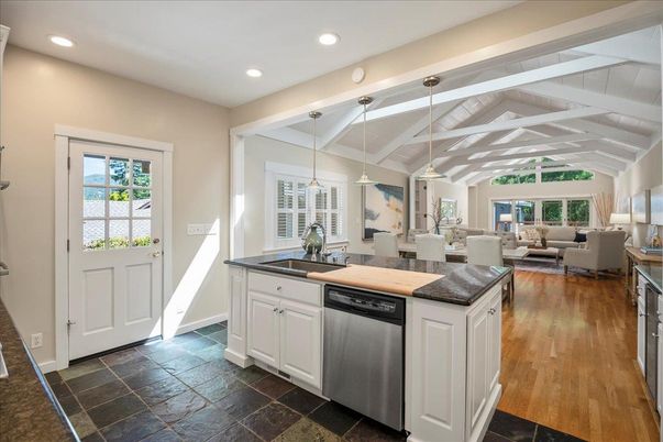 Dining room, Interior, Kitchen, Living room, Pendant Lights, Recessed Lighting, Stainless Steel Appliances, Wood Texture Flooring