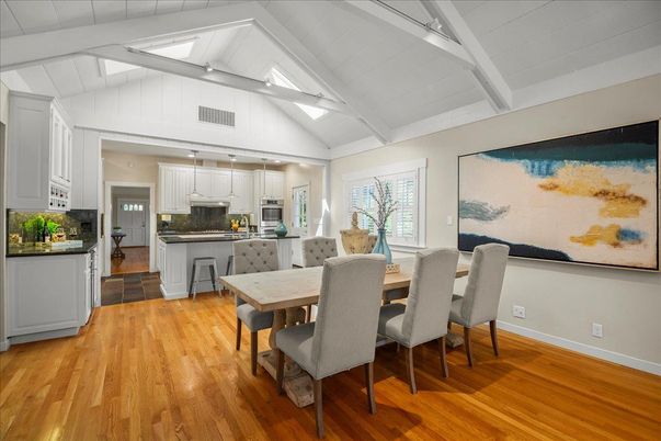 Dining room, Interior, Kitchen, Pendant Lights, Stainless Steel Appliances, Wood Texture Flooring