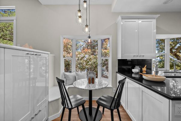 Dining room, Interior, Kitchen, Pendant Lights, Wood Texture Flooring