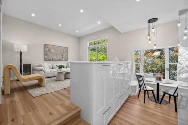 Dining room, Interior, Pendant Lights, Recessed Lighting, Wood Texture Flooring