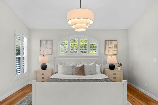 Bedroom, Interior, Pendant Lights, Wood Texture Flooring