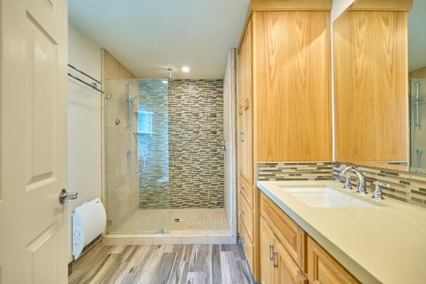 Bathroom, Glass Shower, Interior, Recessed Lighting, Wood Texture Flooring