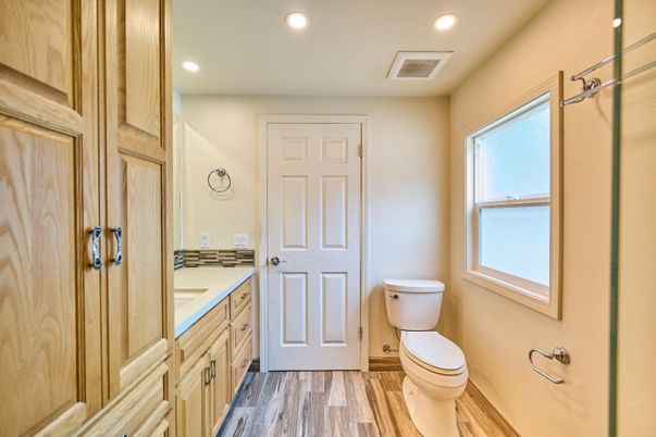 Bathroom, Interior, Recessed Lighting, Wood Texture Flooring