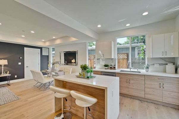 Dining room, Interior, Kitchen, Recessed Lighting, Wood Texture Flooring