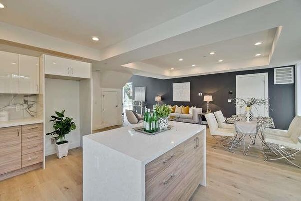 Dining room, Interior, Kitchen, Living room, Marble Walls, Recessed Lighting, Wood Texture Flooring