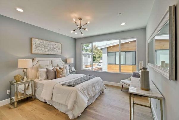 Bedroom, Interior, Pendant Lights, Recessed Lighting, Wood Texture Flooring