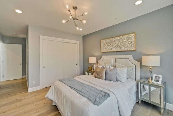 Bedroom, Interior, Pendant Lights, Recessed Lighting, Wood Texture Flooring