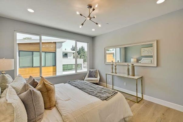 Bedroom, Interior, Pendant Lights, Recessed Lighting, Wood Texture Flooring
