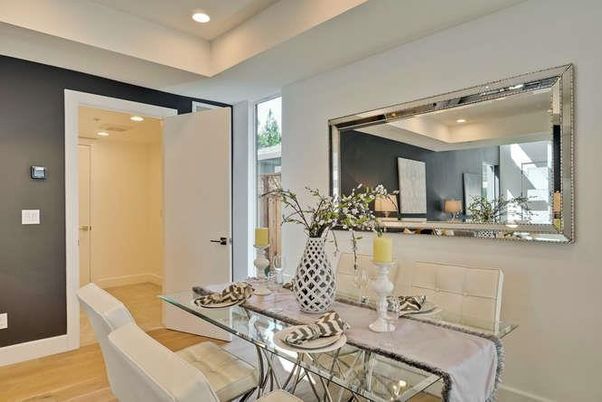 Dining room, Interior, Recessed Lighting, Wood Texture Flooring